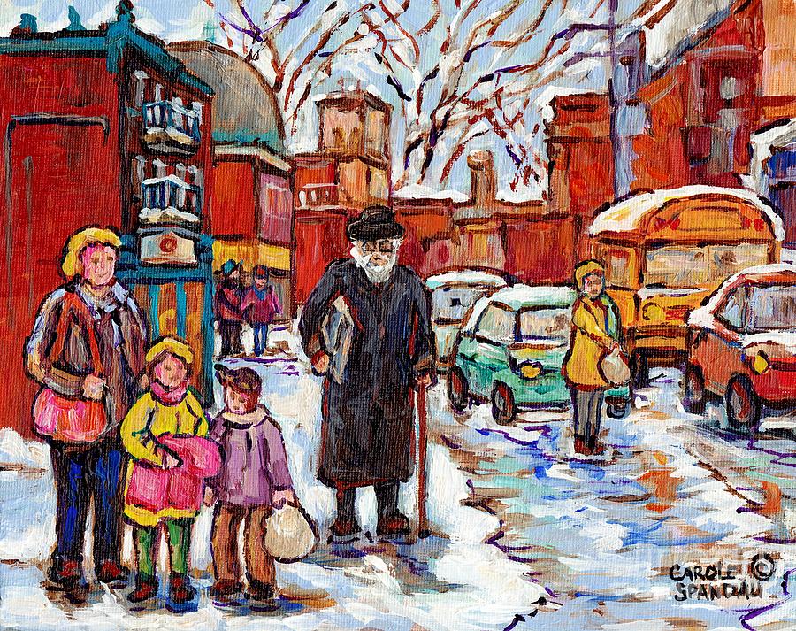 Montreal Painting St Viateur Winter Scene For Sale Rabbi With Torah Mom And Kids Schoolbus C Spandau Painting by Carole Spandau