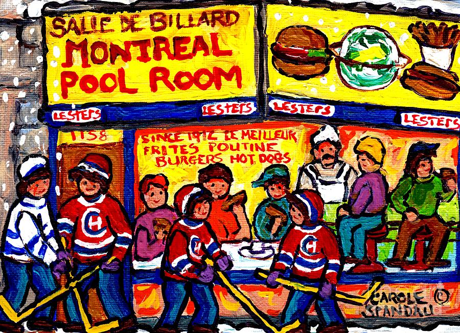 Montreal Pool Room Fast Food Restaurant Painting Canadian Winter Scenes Hockey Art Carole Spandau    Painting by Carole Spandau