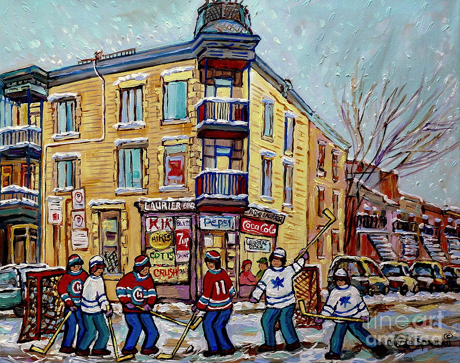 City Scene Painting - Montreal Snowy Winter Scene Laurier Bbq Hockey Game Art Canadian Paintings Carole Spandau            by Carole Spandau