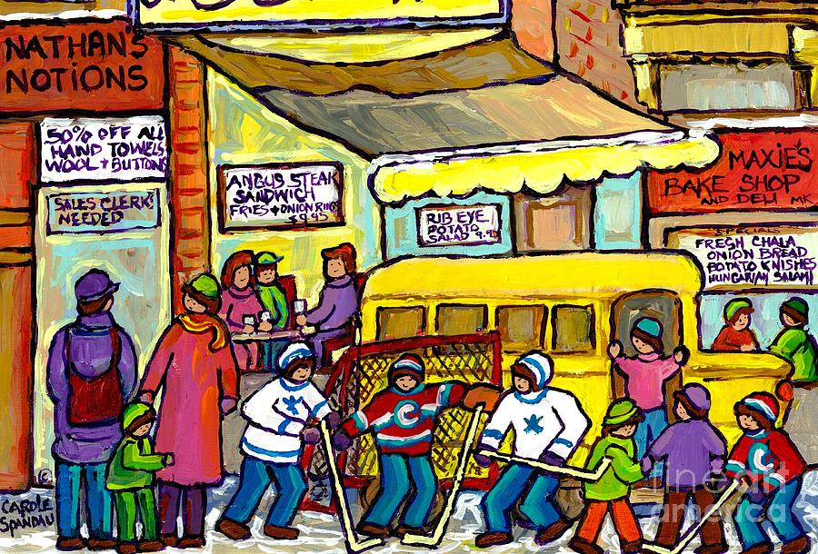 Montreal Steak House Plateau Mont Royal School Bus Paintings Winter Hockey Scene Carole Spandau      Painting by Carole Spandau