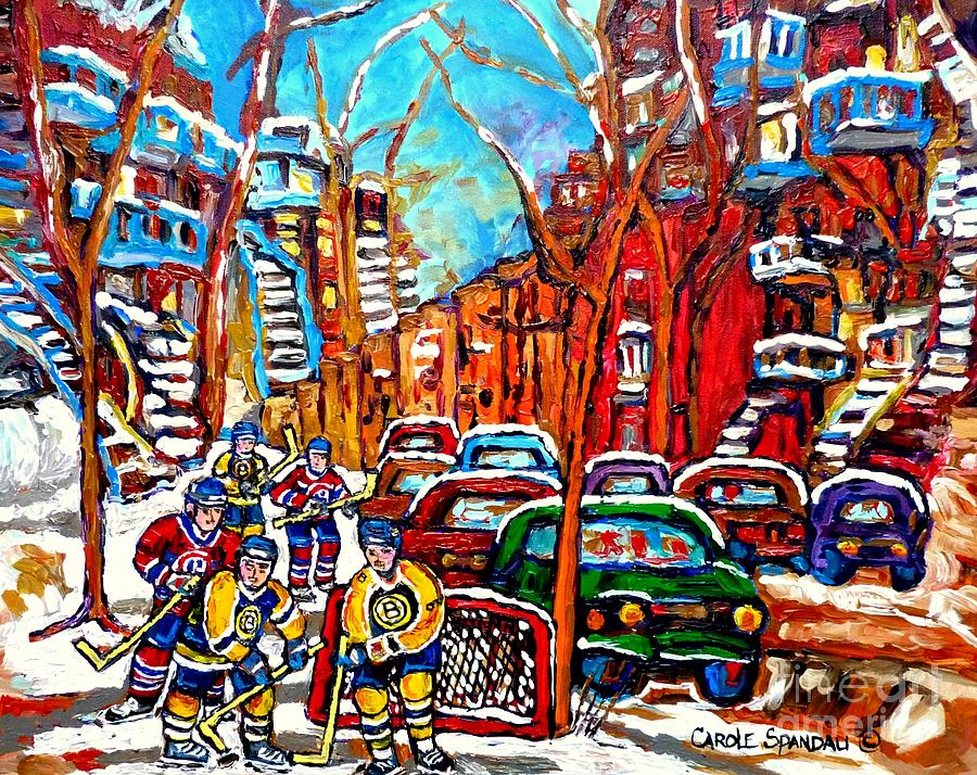 Boston Bruins Painting - Montreal Street Hockey Painting Winding Staircases Winter Scene Canadian Art Montreal Memories  by Carole Spandau
