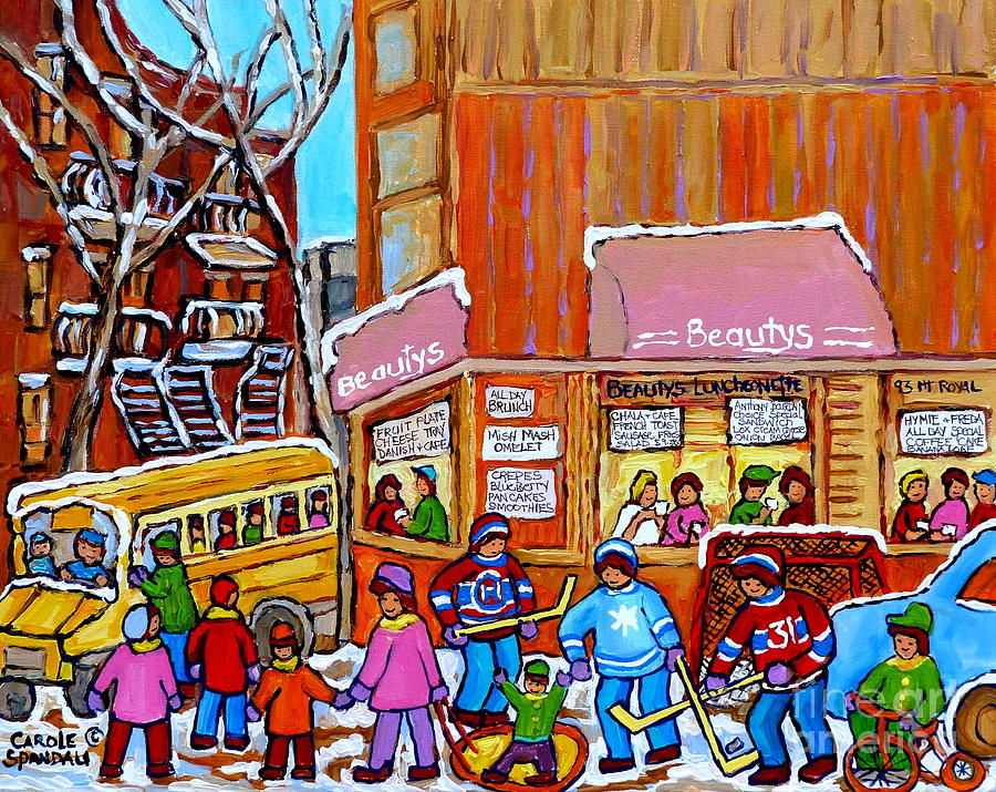 Hockey Painting - Montreal Street In Winter Beautys Restaurant Mont Royal And St Urbain Canadian Art Carole Spandau  by Carole Spandau