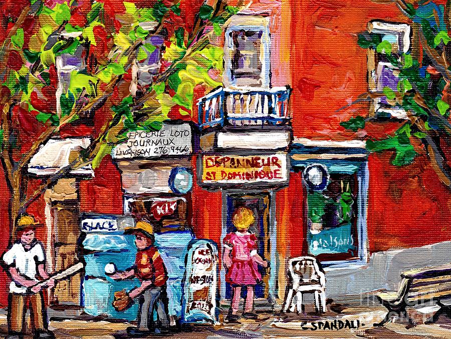 Montreal Summer Scene Painting Kids Play Baseball At The Depanneur Rue St Dominique Plateau  Art Painting by Carole Spandau