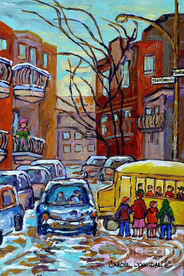 Montreal Winter City Scene With Yellow School Bus Canadian Painting Carole Spandau                   Painting by Carole Spandau