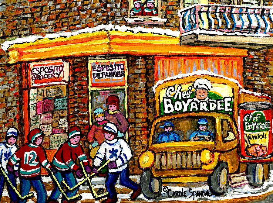 Montreal Winter Hockey Game Esposito Grocery Store With Chef Boyardee Truck Montreal Winter Scene Painting by Carole Spandau