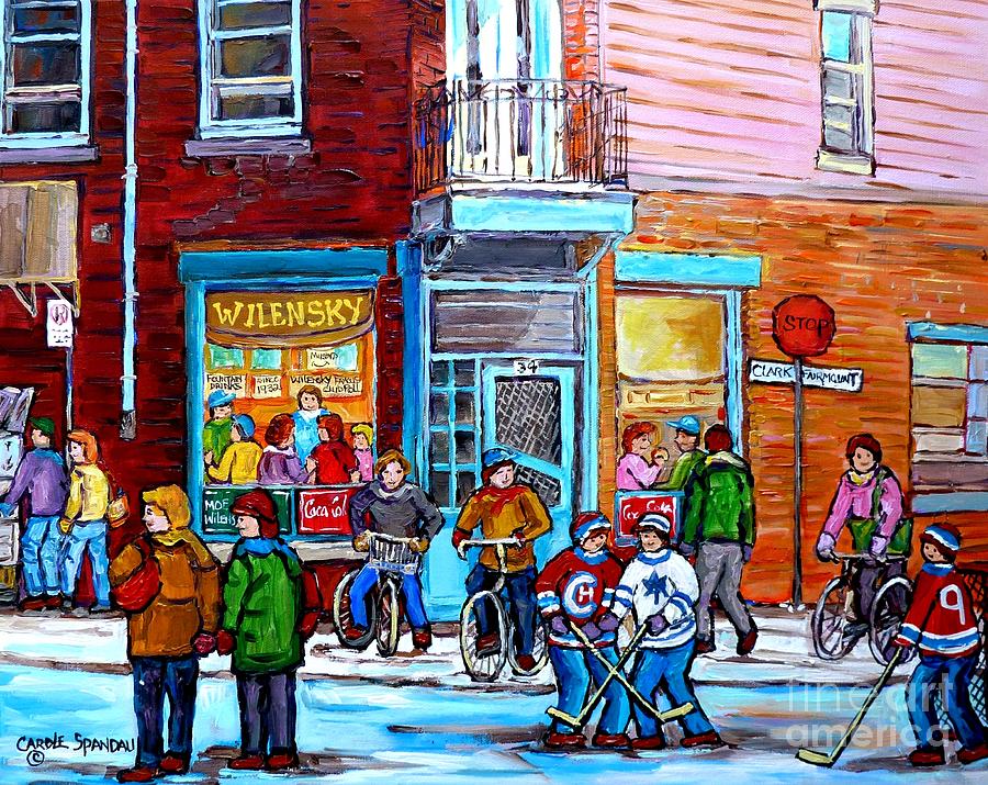 Montreal Winter Scene Bicycles And Hockey At Wilenskys Lunch Counter Canadian Art Carole Spandau Painting by Carole Spandau