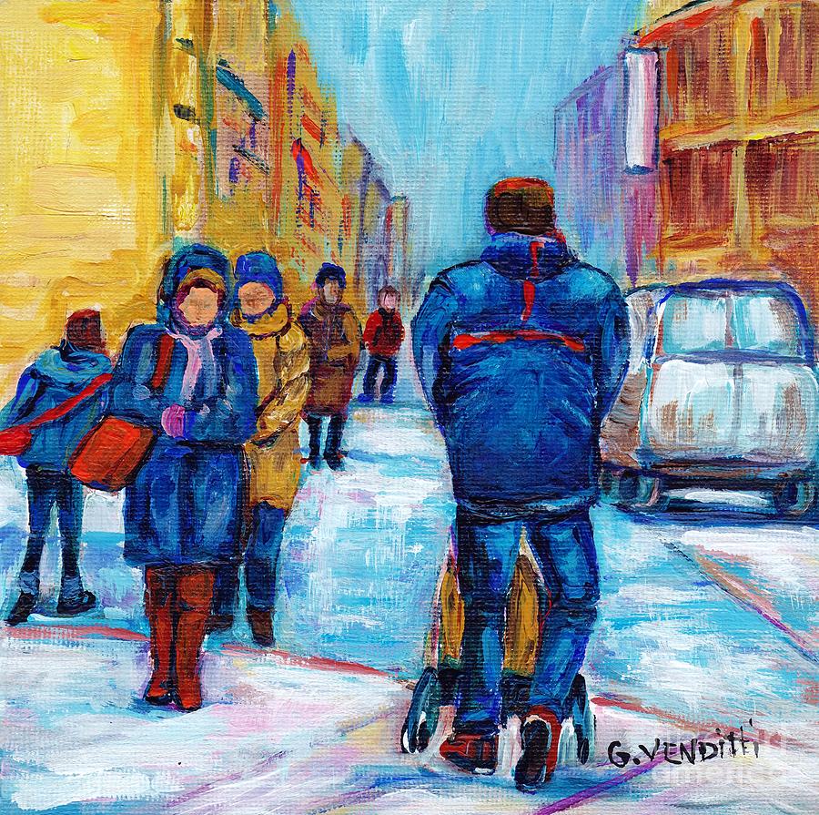 Montreal Winter Scene Man Walks Downtown Street Original Artwork For Sale Grace Venditti Painting by Grace Venditti