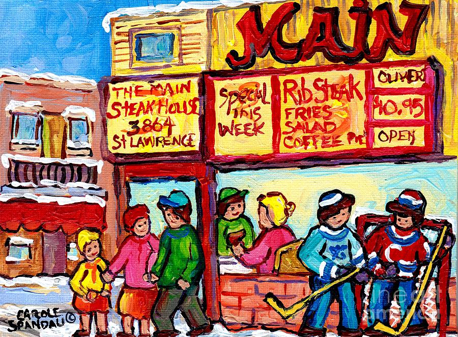 Montreal Winter Scene Rue St Laurent The Main Steakhouse Street Hockey Art Painting  Carole Spandau  Painting by Carole Spandau