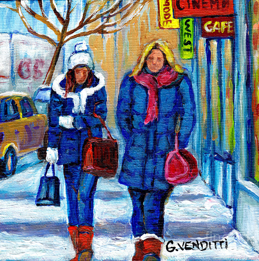 Montreal Winter Street Scene Two Girls Walking On St Catherine Street  Painting by Grace Venditti