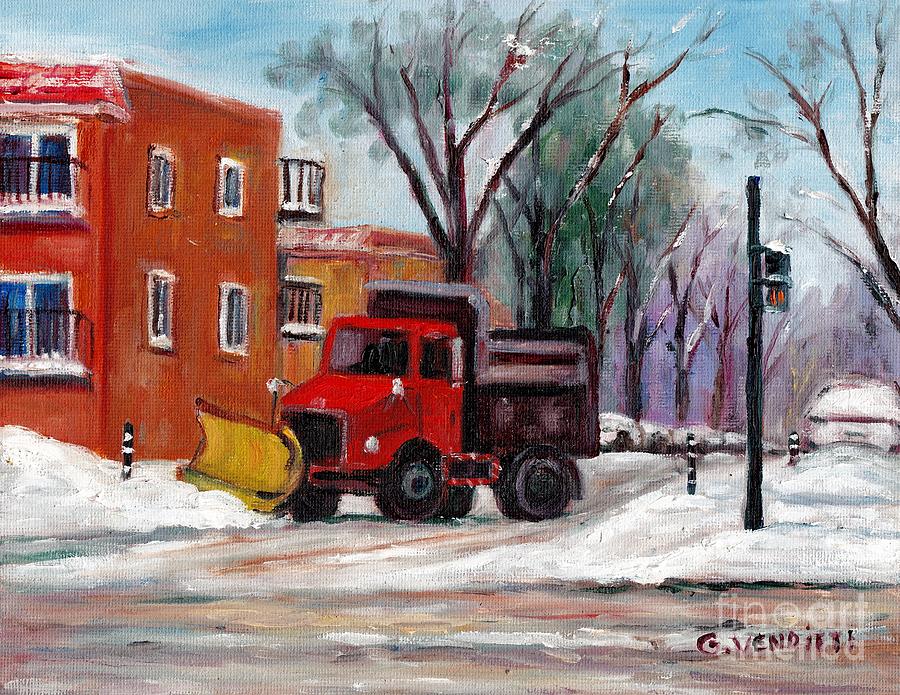 Montreal Winter Street Scene With Snowplow On City Street Canadian Winter Paintings Grace Venditti  Painting by Grace Venditti