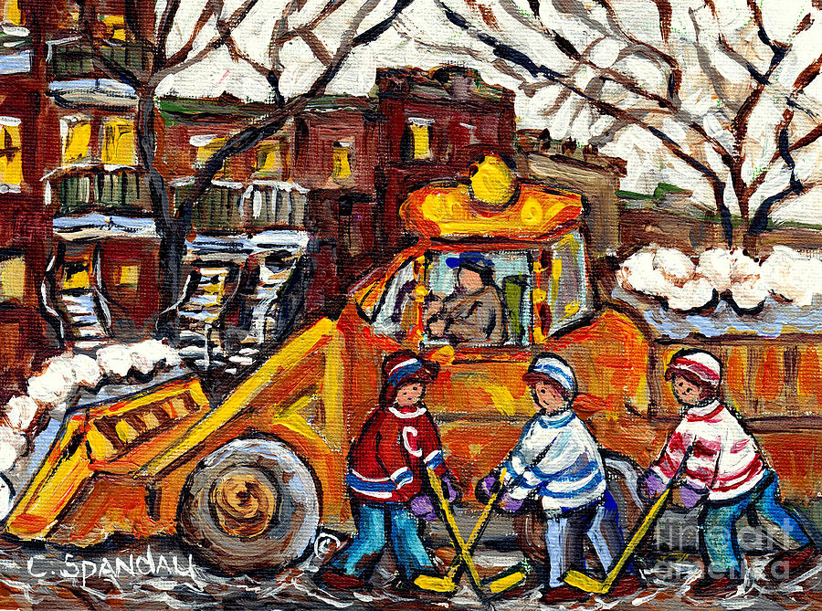 Montreal Winterscene Paintings For Sale Snowplows And Hockey Art Paintings For Sale C Spandau Artist Painting by Carole Spandau