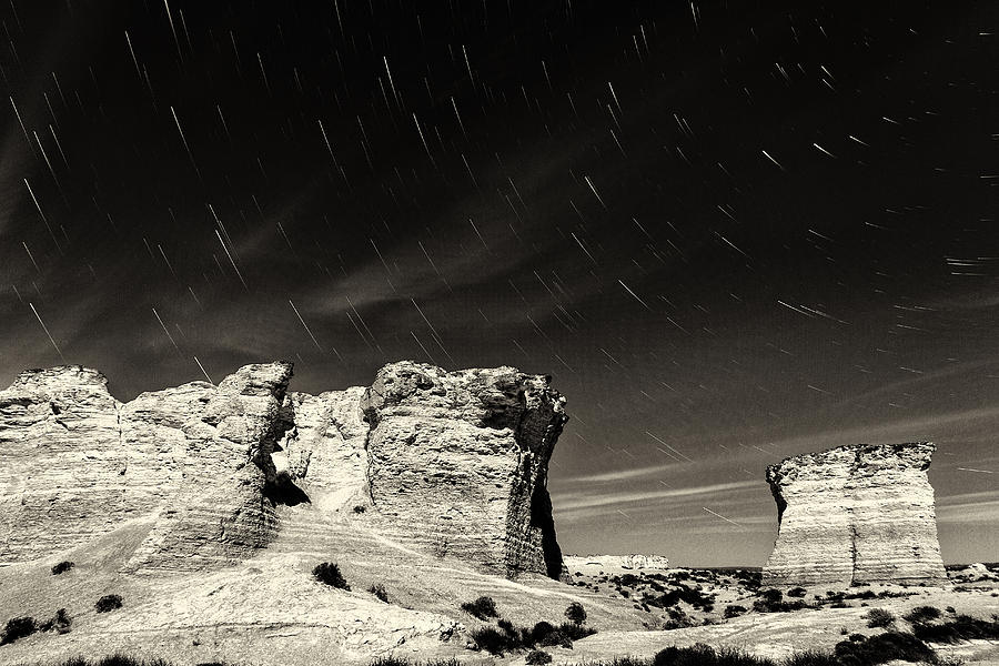 Monument Rocks Moonlight - Black-and-White Photograph by Bill Kesler