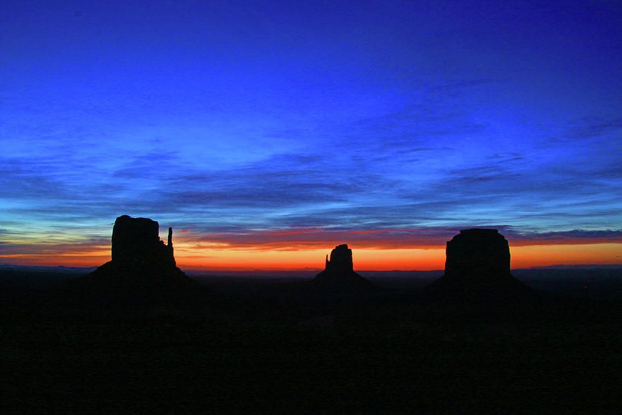 Monument Valley 17 - West Mitten , East Mitten, and Merrick Butte Sunrise Photograph by Allen Beatty