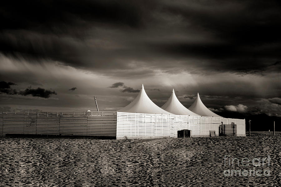 Moods Canet Beach Dark Sepia Tones 3 Tents  Photograph by Chuck Kuhn