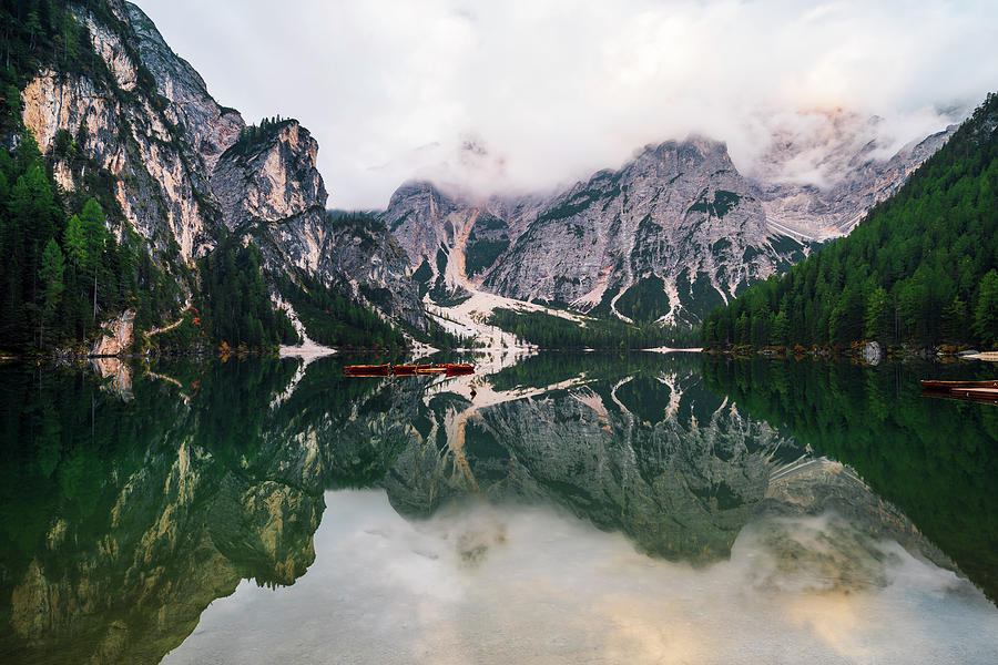 Mirror Photograph - Moody Morning at Lago Di Braies by Alexander Sloutsky