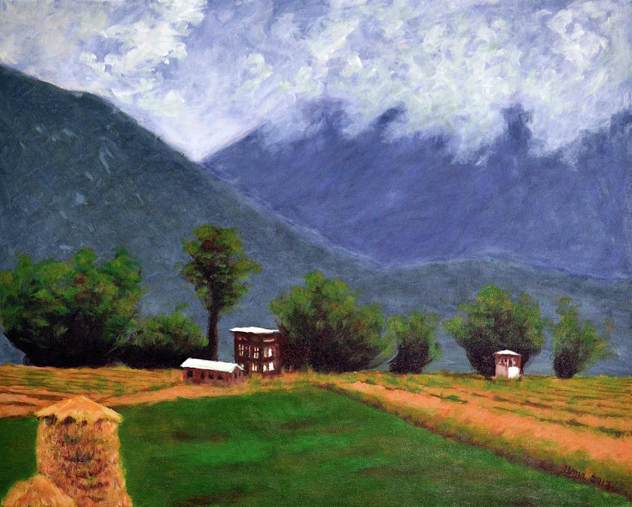 Bhutan Series - Moody mountains and green fields Painting by Uma Krishnamoorthy