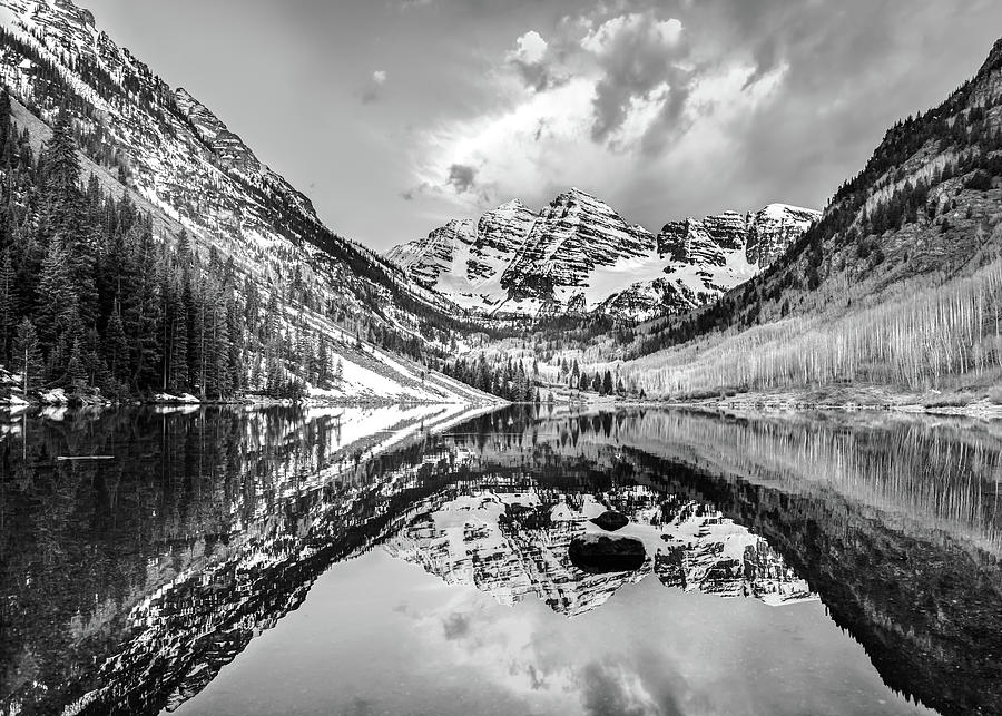 Black And White Photograph - Moody Skies Over the Maroon Bells by Gregory Ballos