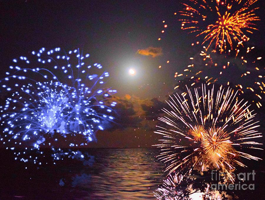Moon and Fireworks Photograph by Janette Boyd