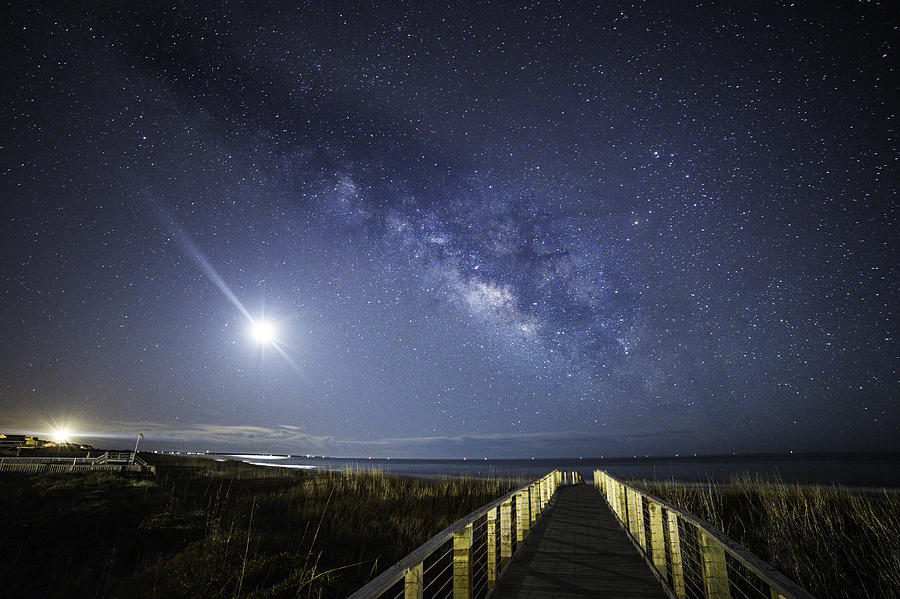 Moon and Stars over Caswell Beach Photograph by Nick Noble