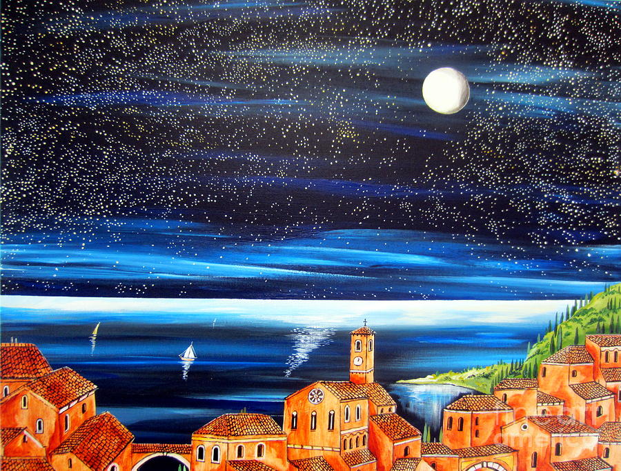 Moon and Stars over the Village  Painting by Roberto Gagliardi
