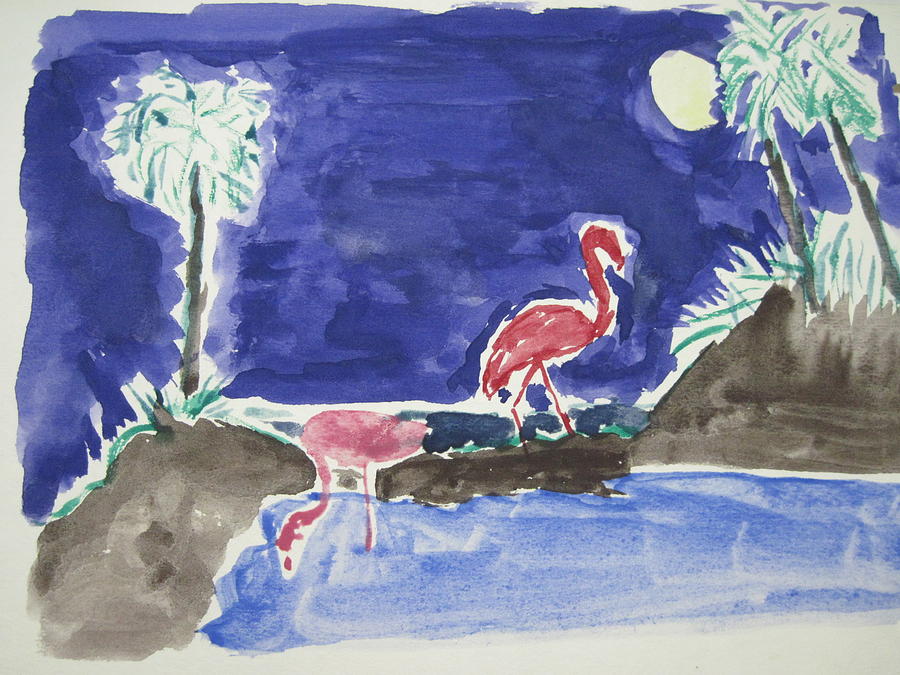 Moon evening.Flamingo. Water color 1995 Drawing by Dr Loifer Vladimir