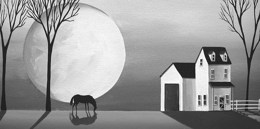 Moon Grazing - folk art black white Painting by Debbie Criswell