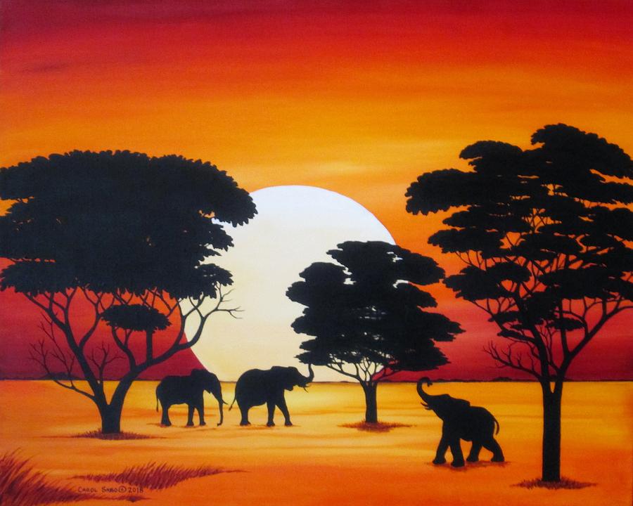 Moon In Africa Elephants Painting by Carol Sabo