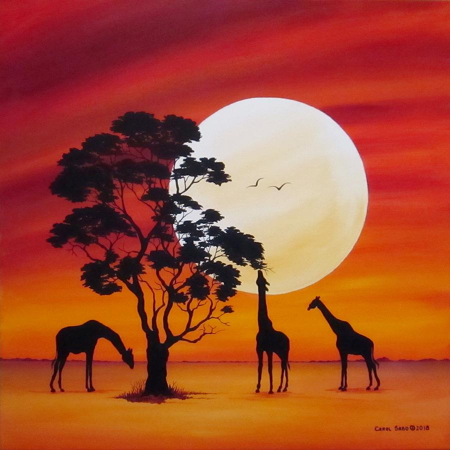 Giraffe Painting - Moon In Africa Giraffes by Carol Sabo