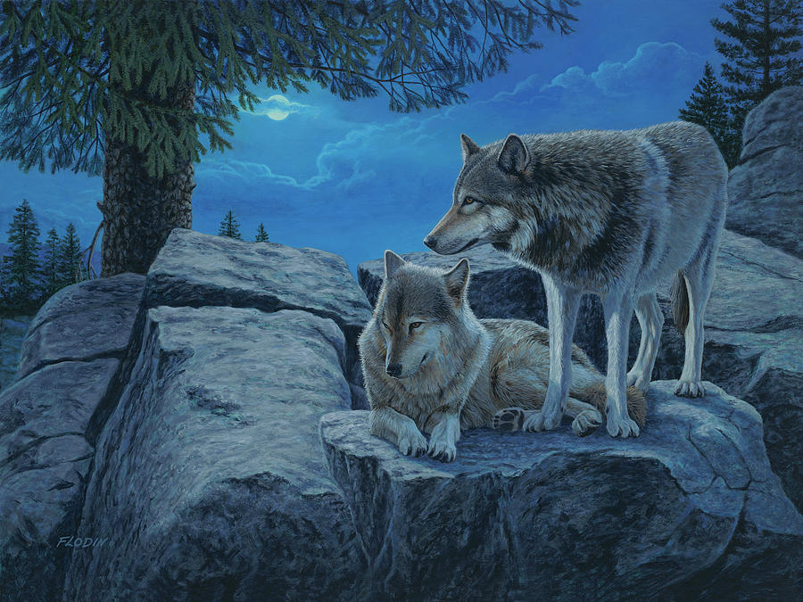 Moon-Light Glow, 2 Gray Wolves Painting by Mick Flodin
