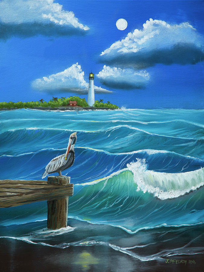 Miami Painting - Moon Over Cape Florida Lighthouse by Jerry McElroy