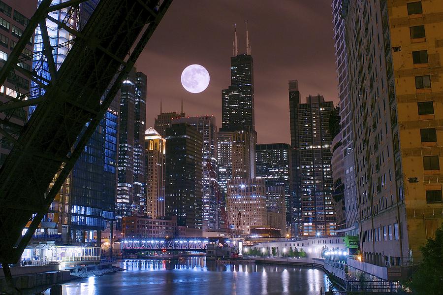 Moon Over Chicago  Photograph by Frozen in Time Fine Art 