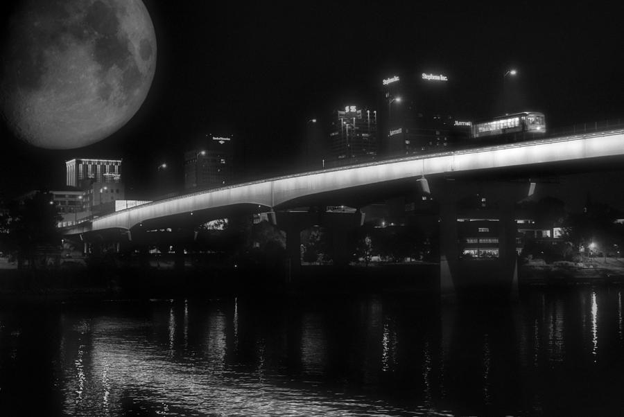 Moon over Downtown Little Rock - Black and White - Arkansas Photograph by Jason Politte