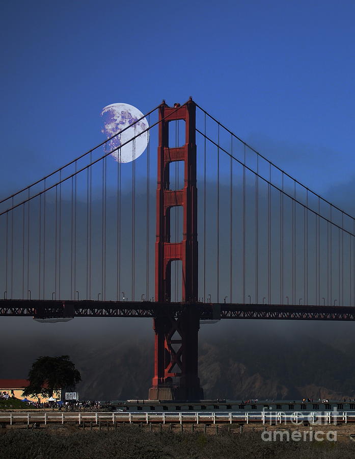 Moon Over Foggy Golden Gate Bridge . Vertical Photograph by Wingsdomain Art and Photography