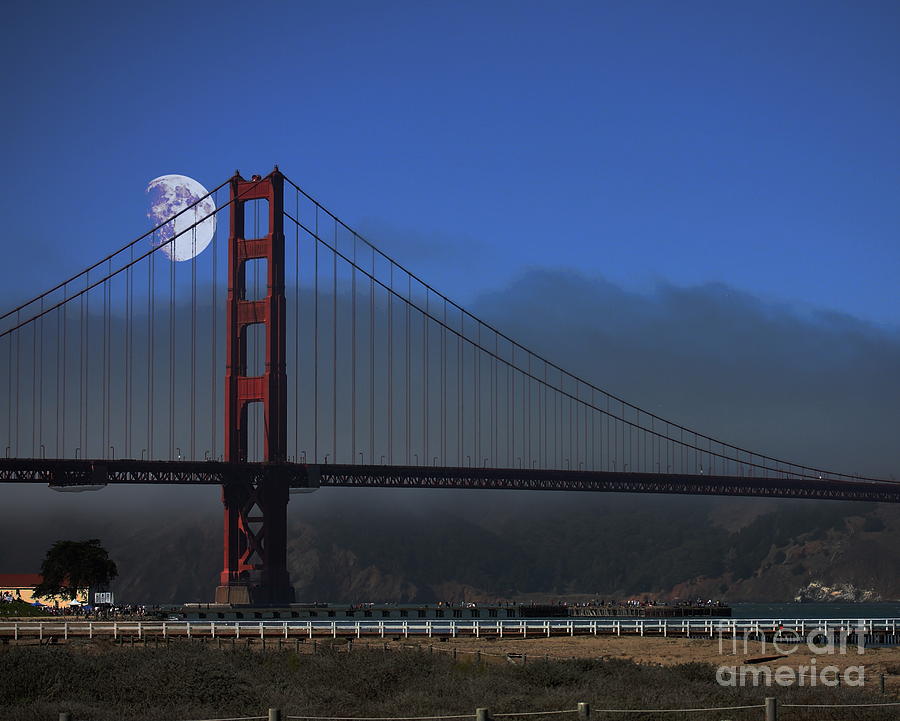 San Francisco Photograph - Moon Over Foggy Golden Gate Bridge by Wingsdomain Art and Photography