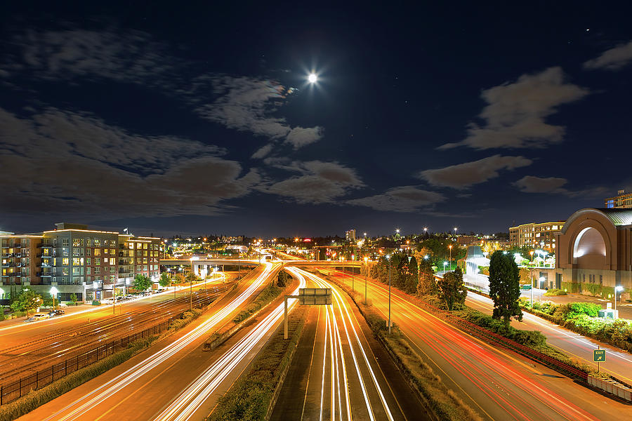 Moon over Freeway in Tacoma Washington Photograph by David Gn