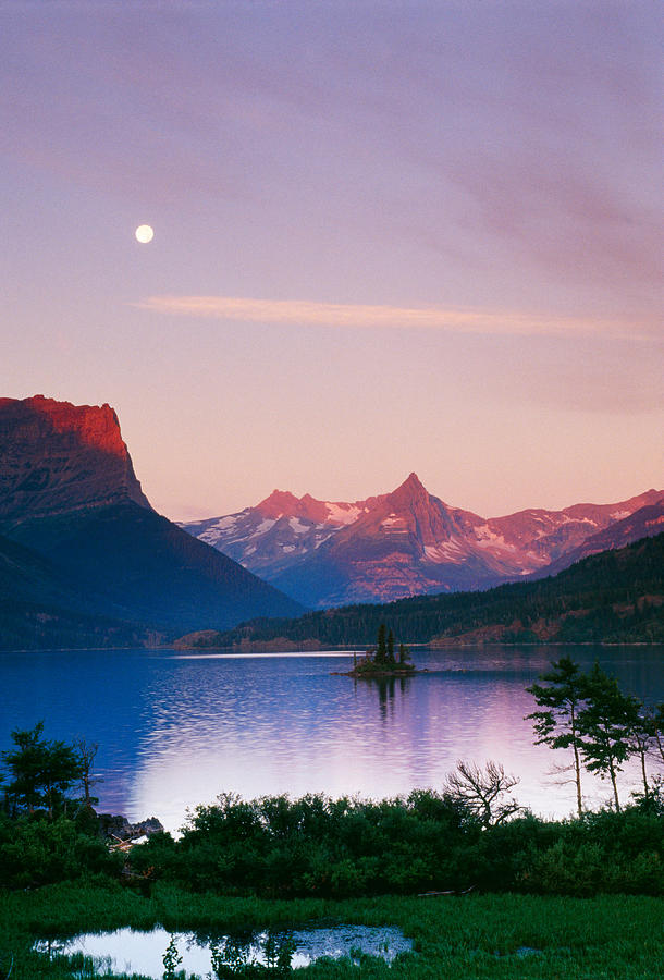 Glacier National Park Photograph - Moon Over Mountains And Saint Marys Lake by Panoramic Images