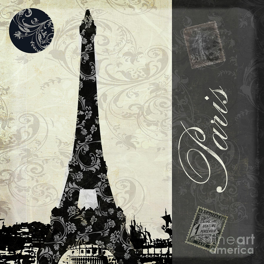 Paris Eiffel Tower Painting - Moon Over Paris Postcard by Mindy Sommers