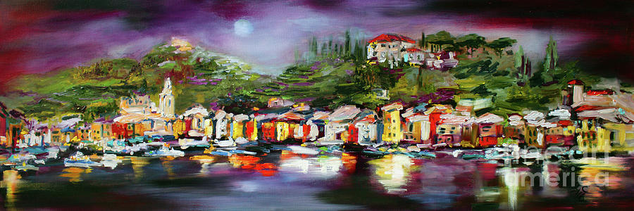Moon Over Portofino Italy Oil Painting Painting by Ginette Callaway