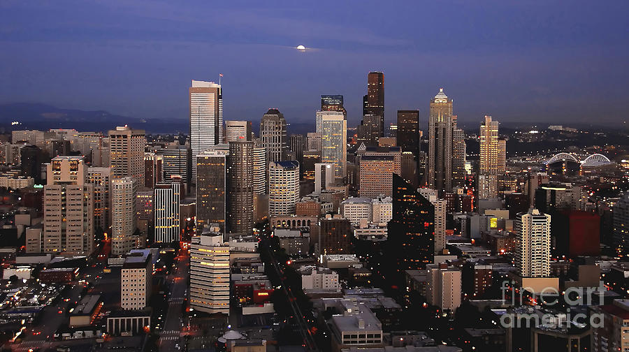 Seattle Photograph - Moon over Seattle by David Lee Thompson