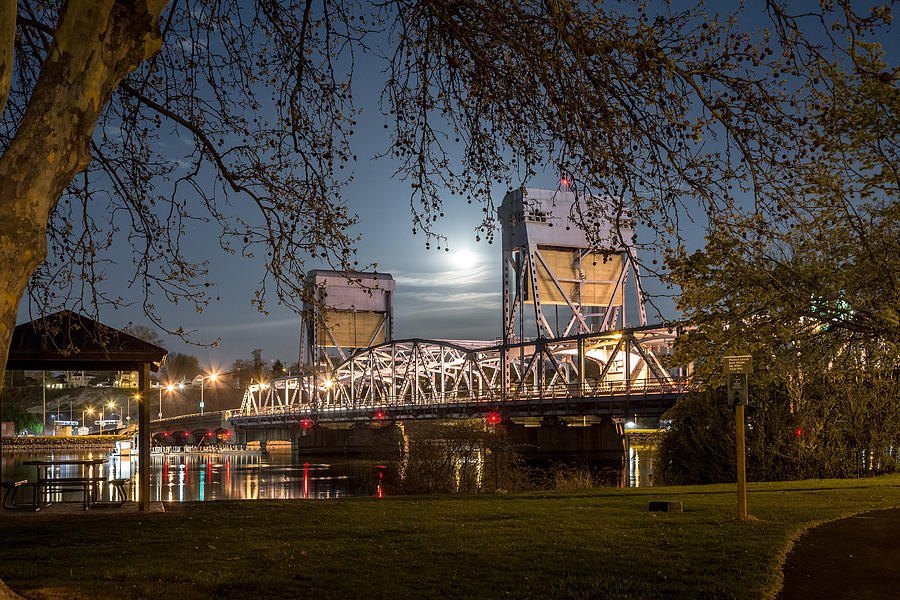 Bridge Photograph - Moon over the Blue Bridge by Brad Stinson