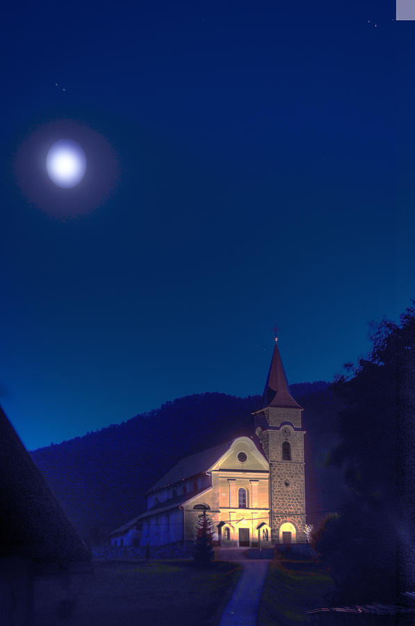 Moon Over the Church Photograph by Don Wolf
