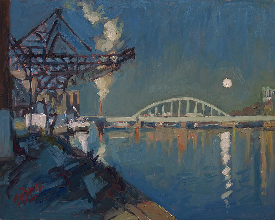 Moon over the railway bridge Maastricht Painting by Nop Briex