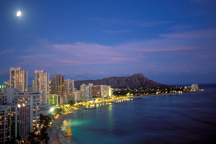 Beach Photograph - Moon Over Waikiki by William Waterfall - Printscapes