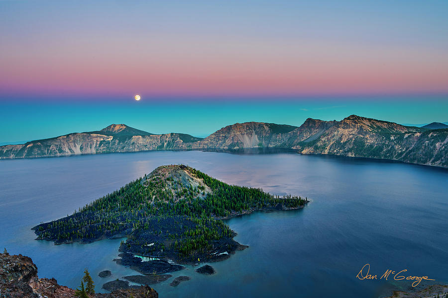 Moon over Wizard Island Photograph by Dan McGeorge