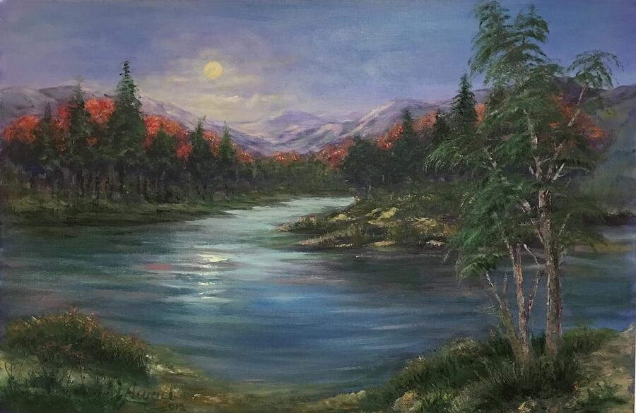 Moonrise on the lake  Painting by Laila Awad Jamaleldin
