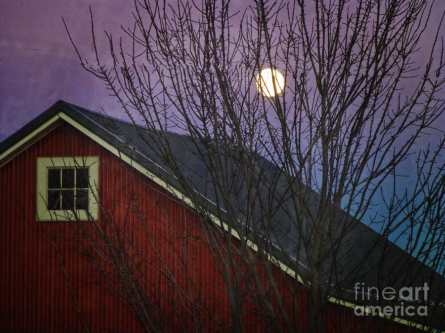 Moon Rise Over Red Barn Digital Art by Dee Flouton