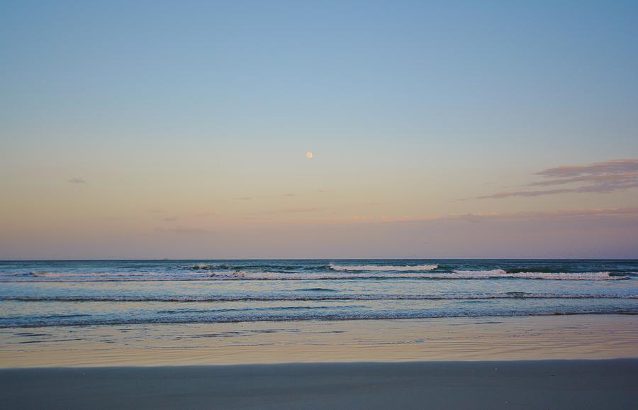 Sunset Photograph - Moon Rising on a Beautifully Lit Beach by Patricia Twardzik