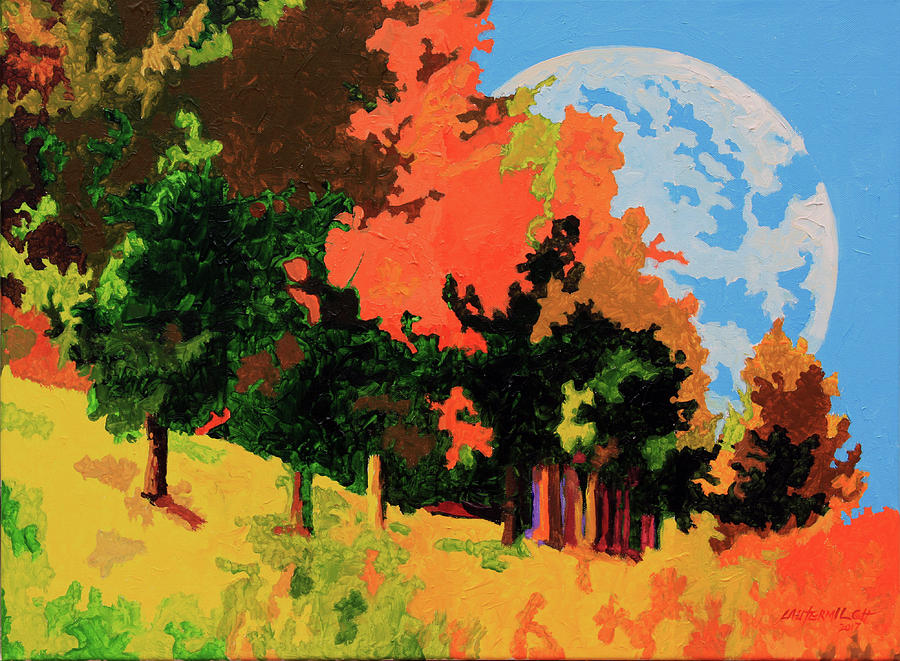 Moon Rising Over Autumn Trees Painting by John Lautermilch