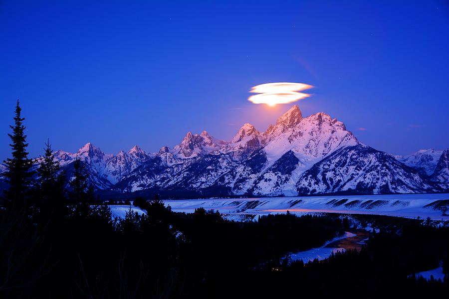 Moon Sets at the Snake River Overlook in the Tetons Photograph by Raymond Salani III