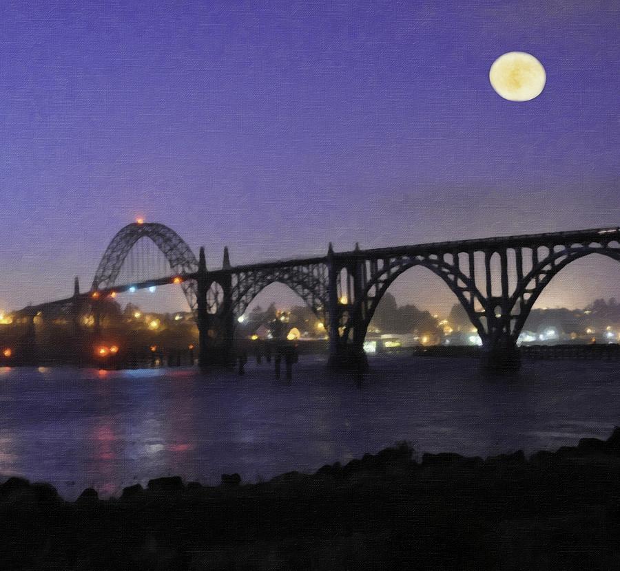 Bridge Photograph - Moon Shine At The Yaquina Bridge And Bay by Image Takers Photography LLC - Laura Morgan